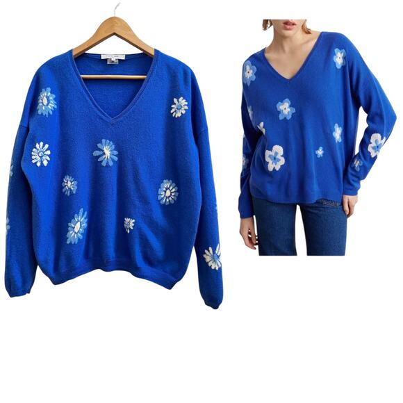Gerard Darel Blue White Floral Leandro 100% Cashmere Neck Sweater Size 3/Large - Picture 1 of 12